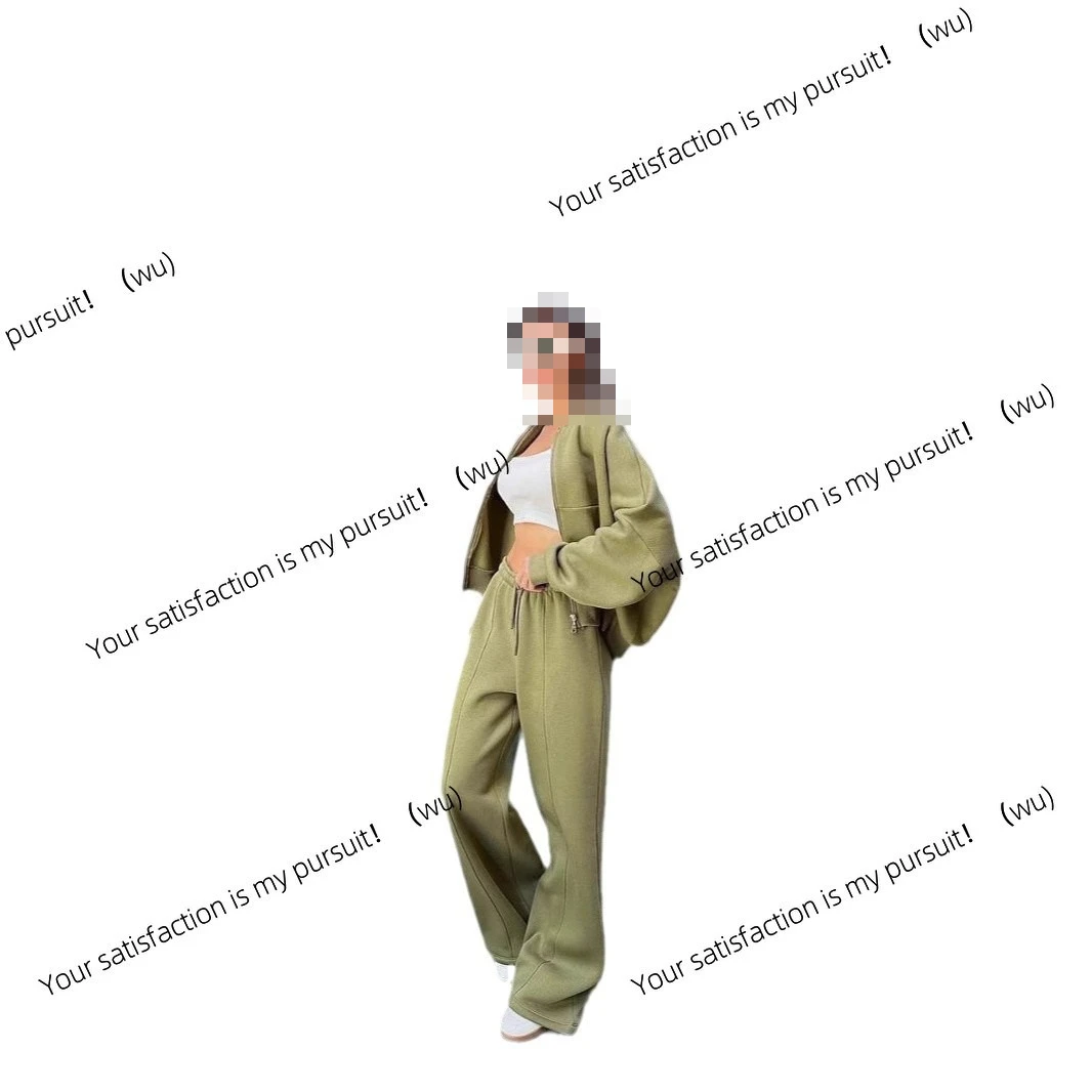 Setelan sweater cardigan ritsleting warna polos gaya Eropa dan Amerika dengan celana lurus kasual untuk wanita