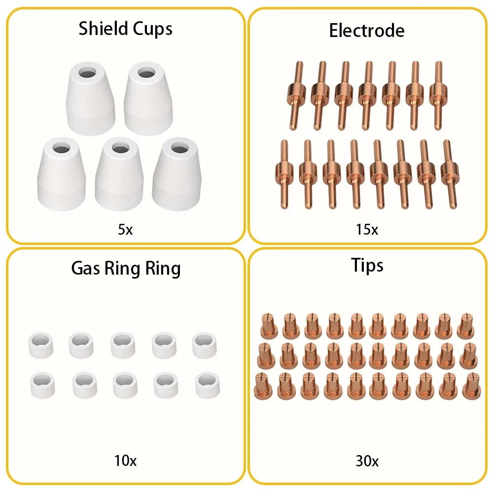 

60 шт. расходных материалов для плазменной резки PT-31: 15 электродов, 30 сопел, 10 вихревых колец, 5 керамических колпачков, совместимые с LGK40 CUT40 CUT50