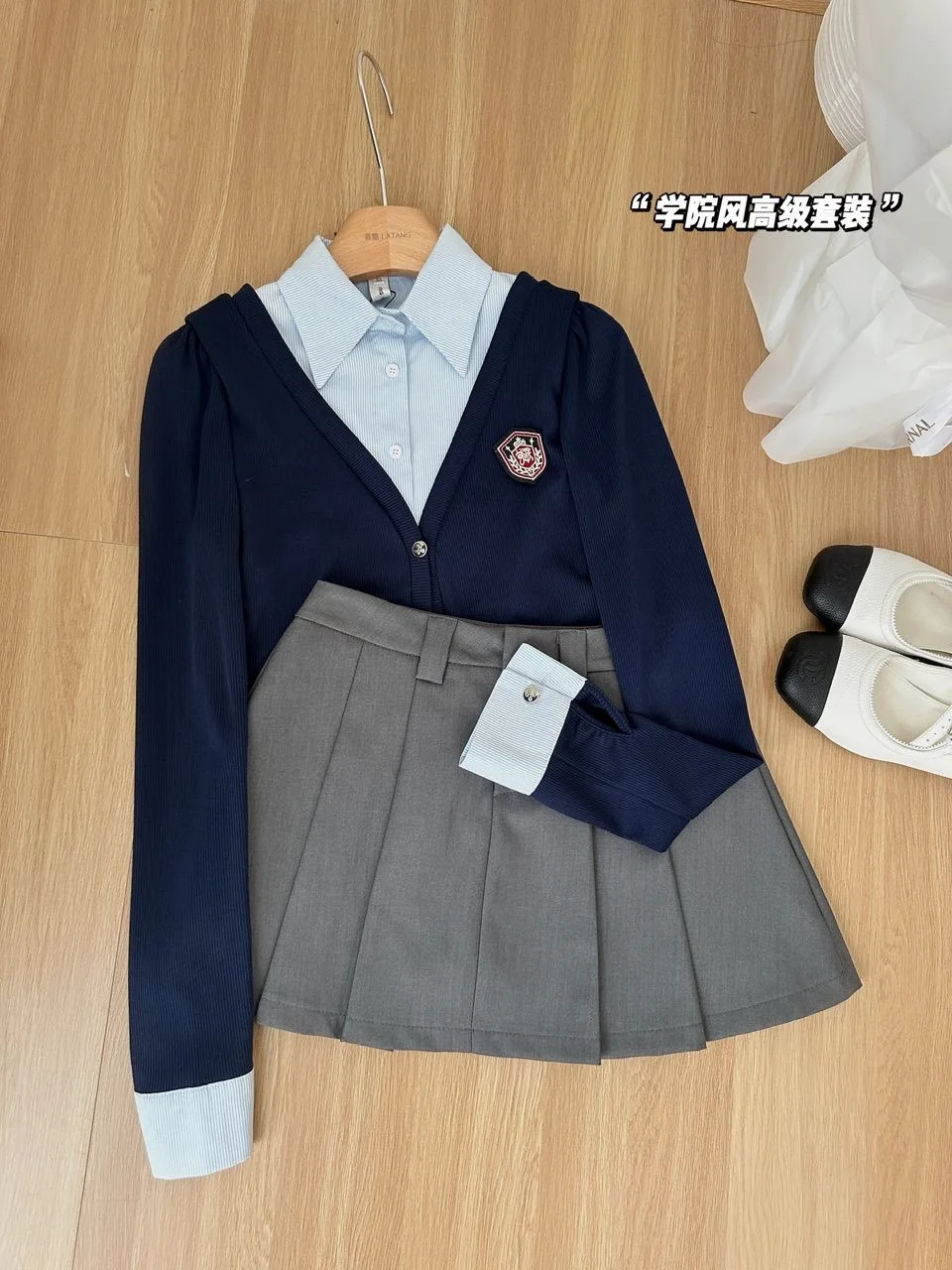 Preppy Style 2024 New Spring Women coreano JK Uniform Set manica lunga Navy Mock camicia A due pezzi Top Jacket A line gonna Suit Girl