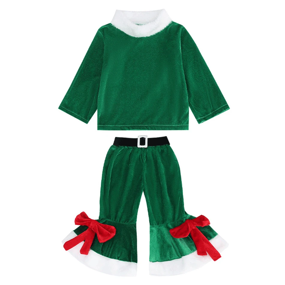 Kids Christmas Costume Sets Baby Girls Xmas Santa Claus Clothes Long Sleeve Top Bell Bottom Pants Hat New Year Toddler Outfits