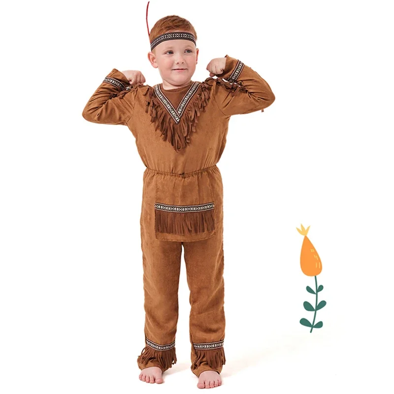 Kids Halloween Native Costume Boys Brown Color American Indian Tribal Warrior Outfits