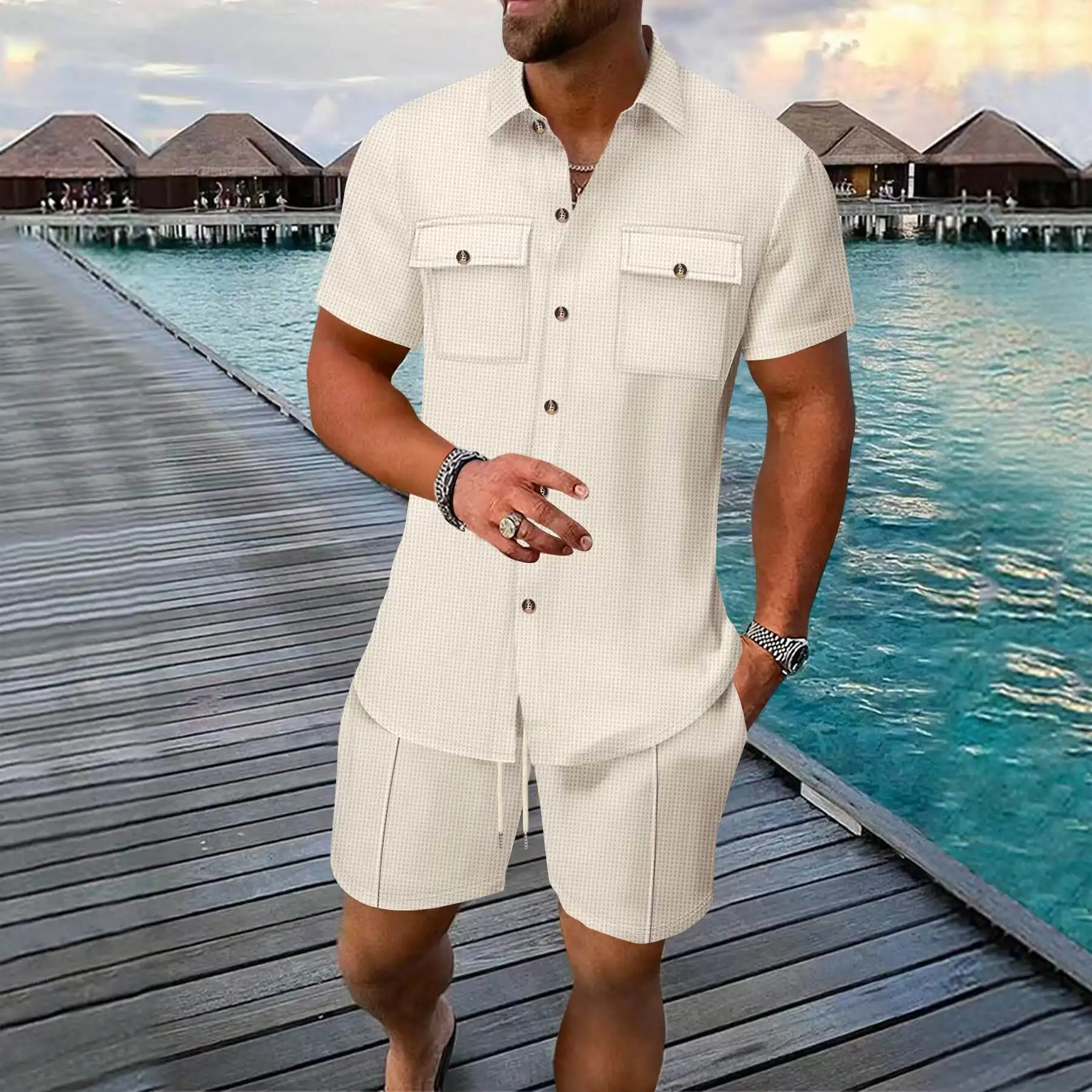 

New Summer Men's Color Shirt Short Sleeve Pocket Two-Piece Set Short Pants Hot Sale Cross-Border XZ5 Male Clothing