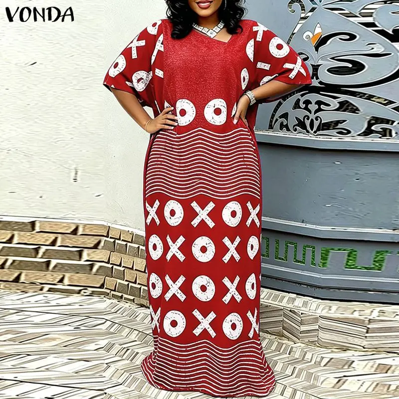 VONDA Summer L-5XL Plus Size Dresses Women Long Maxi Dress Print Half Sleeve Vestidos Robe OL Party Casual Sundress Streetwear