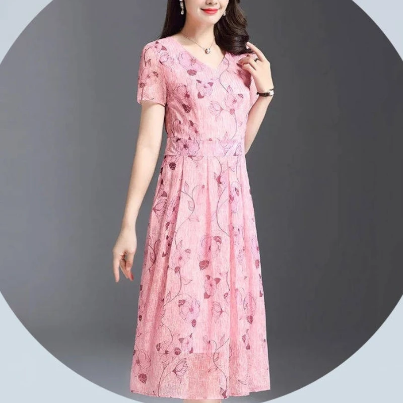 

2024 New Summer Streetwear Elegant Floral Dress Short Sleeved Printed V-neck Patchwork Knee Skirts Women's A-line Midi Dress