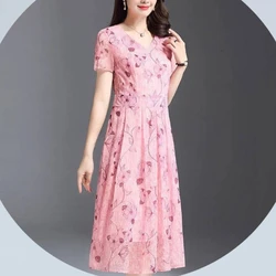 2024 New Summer Streetwear Elegant Floral Dress Short Sleeved Printed V-neck Patchwork Knee Skirts Women's A-line Midi Dress