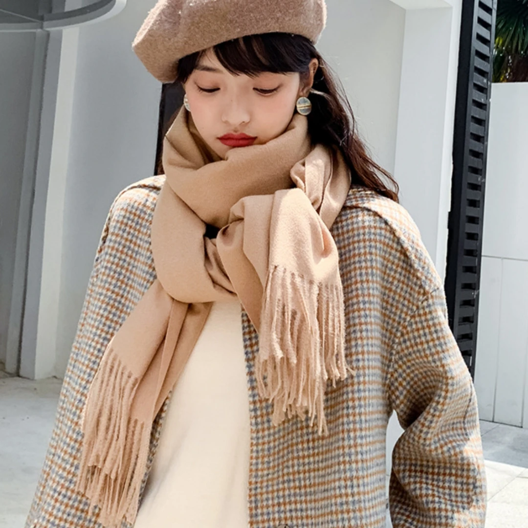 Pink Soft Solid Color Scarf Faux Cashmere Scarf Luxuriously Winter Warm Shawl Long Style Versatile Monochrome Scarf Daily Use