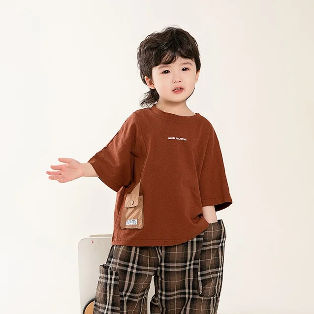

New Summer Kids T-shirt Girls Korean style Chic Pocket Letters Half sleeve Tee Children Cotton Loose Tops
