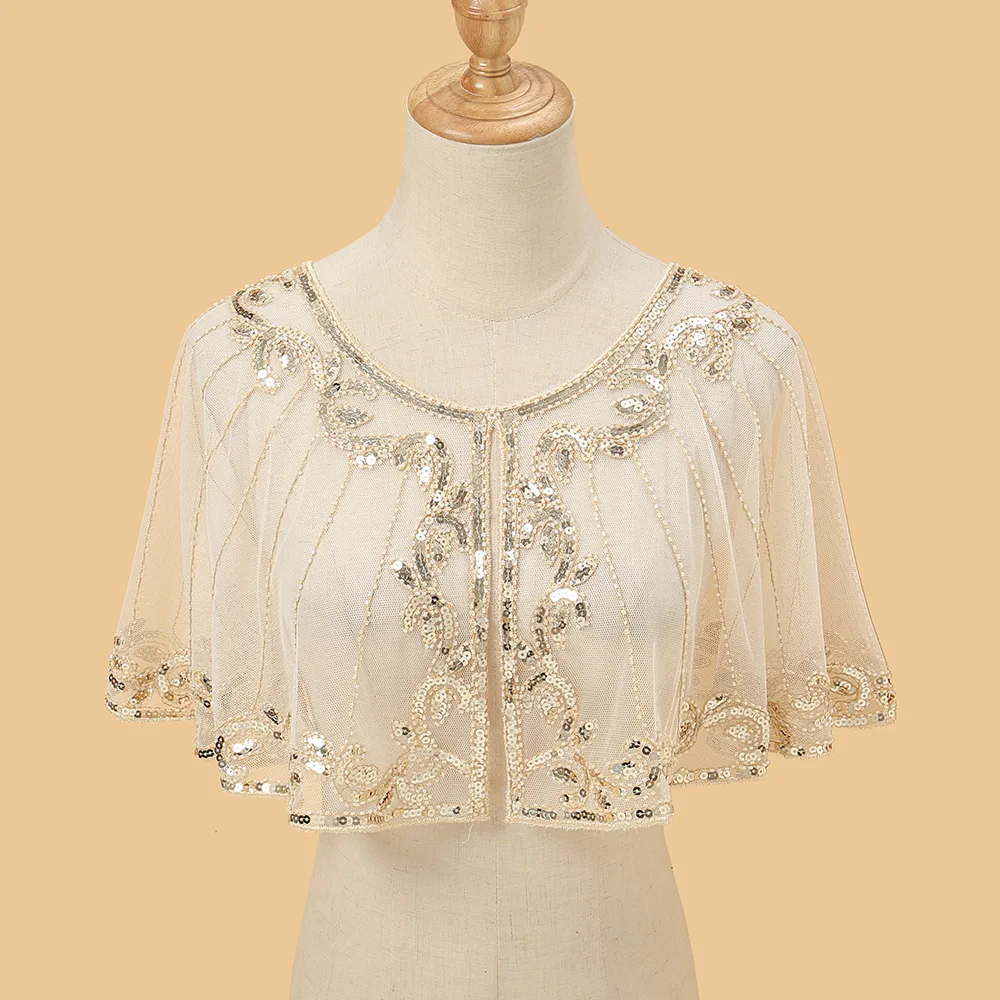Elegant Sequin Beaded Lace Flapper Shawl Light weight Shiny Embellishment for Evening Gowns