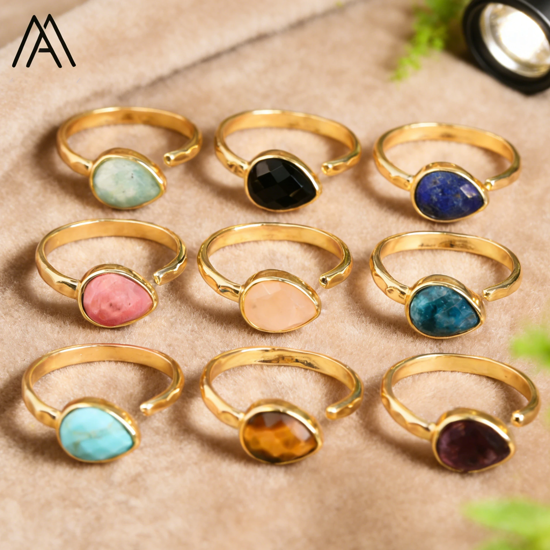 Luxury 18K Real Gold Plated Teardrop Crystal Gemstone Ring Natural Lapis Tiger Eye Open Adjustable For Women Party Wedding Gift