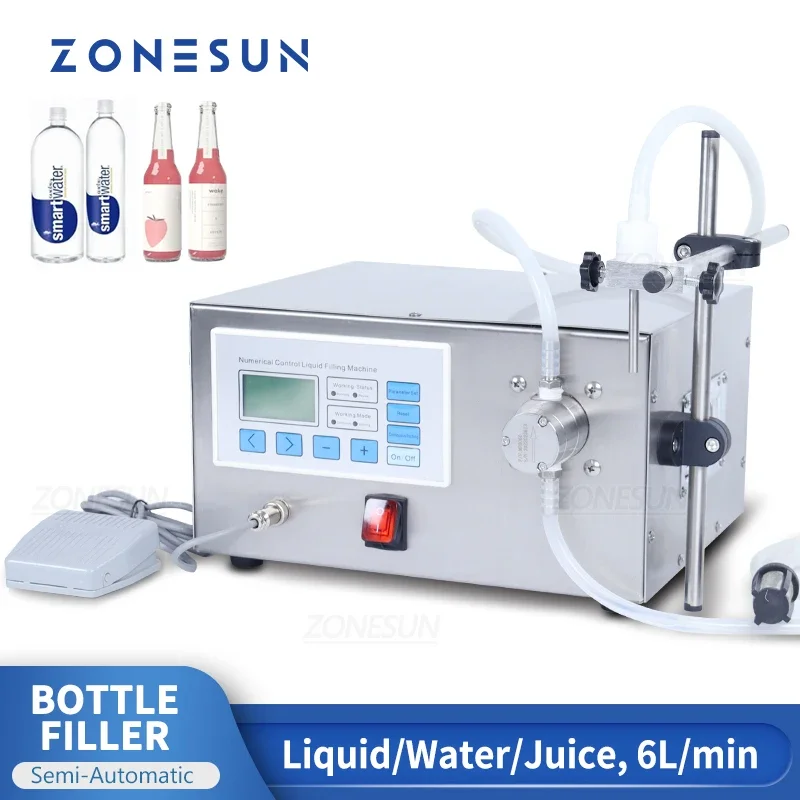 

ZONESUN ZS-MPZ1 6L Semi Automatic Water Bottle Liquid Filling Machine Juice 316L Magnetic Pump Packaging Production