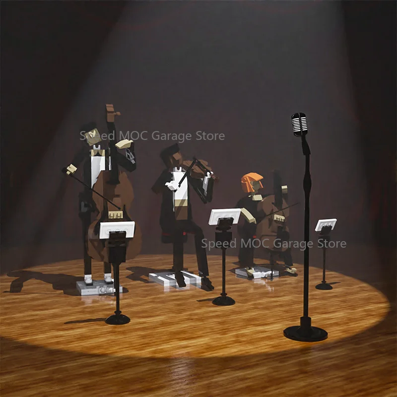 Vintage Orchestra Stage MOC Bricks, 3PCS Formal String Players with Music Stands, Hobbyist Collectible Kit