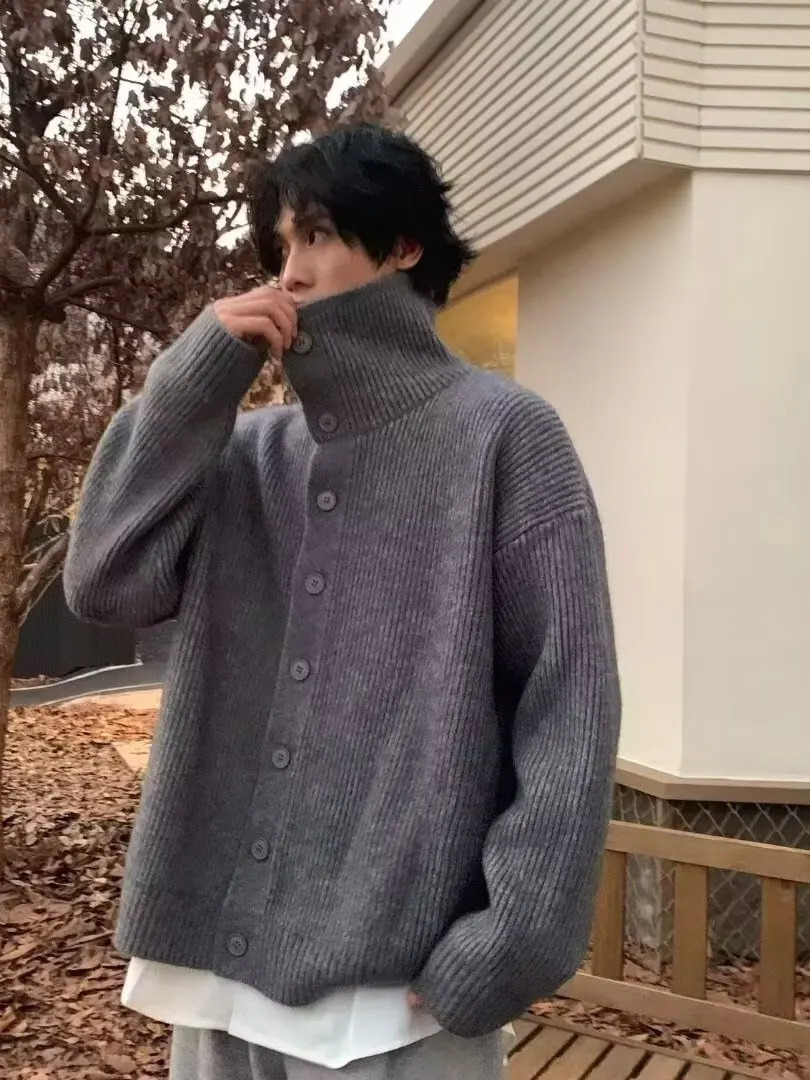 

American Sle High Collar Open Cardigan Sweater Men Women Autumn Winter Loose Vintage Lazy Sle Versatile Knitted Outerwear...