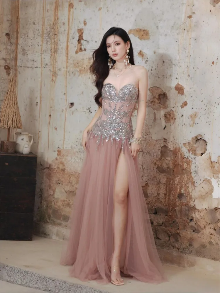 

Misty sequin strapless flowing tulle high slit dress