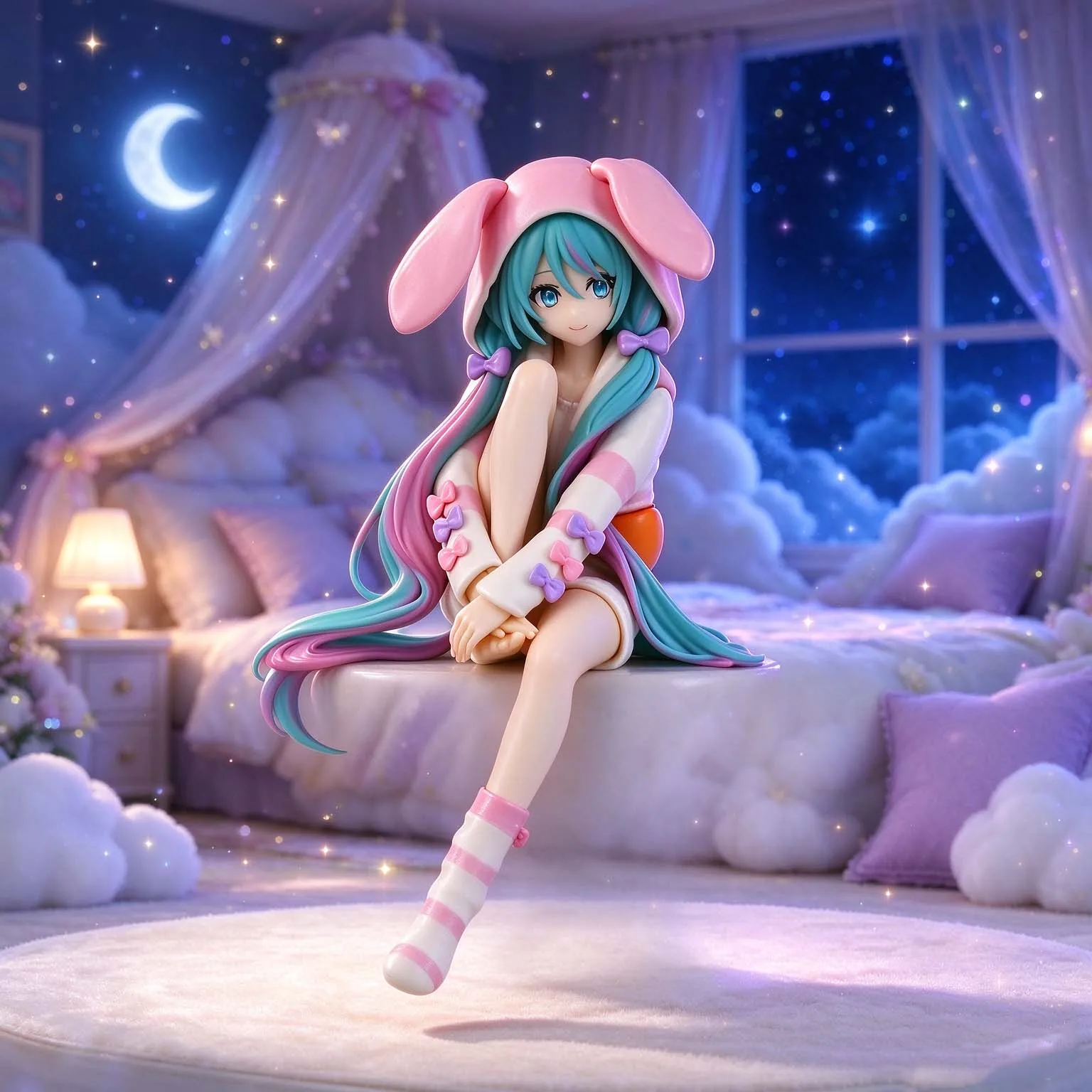 Pretty newHatsune Miku Anime Figurine Rabbit Ear Pajamas Kawaii Tabletop Decorations Action Figures Doll Model Children Toy Gift