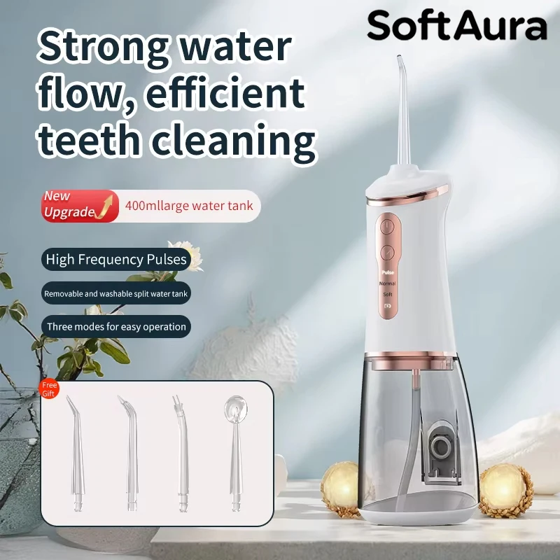 

SoftAura Portable Smart Oral Irrigator Water Flosser 4 Jets 3 Modes Rechargeable Dental Water Jet Irrigator for Teeth Cleaner