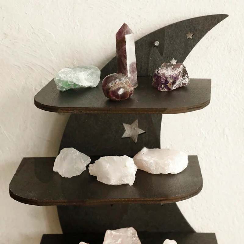 Wooden Moon Wall Shelves 4-tier Wood Floating Wall Shelf Gothic Home Decor Crystal Shelf Display Ledge Essential Oil Rack 30cm