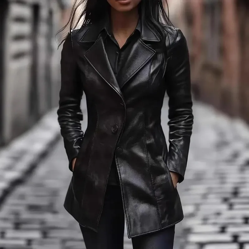 

Уличная женская куртка из искусственной кожи, черная женская куртка с длинными рукавами и карманами на пуговицах, отложным воротником, 2026, осенне-зимняя женская верхняя одежда