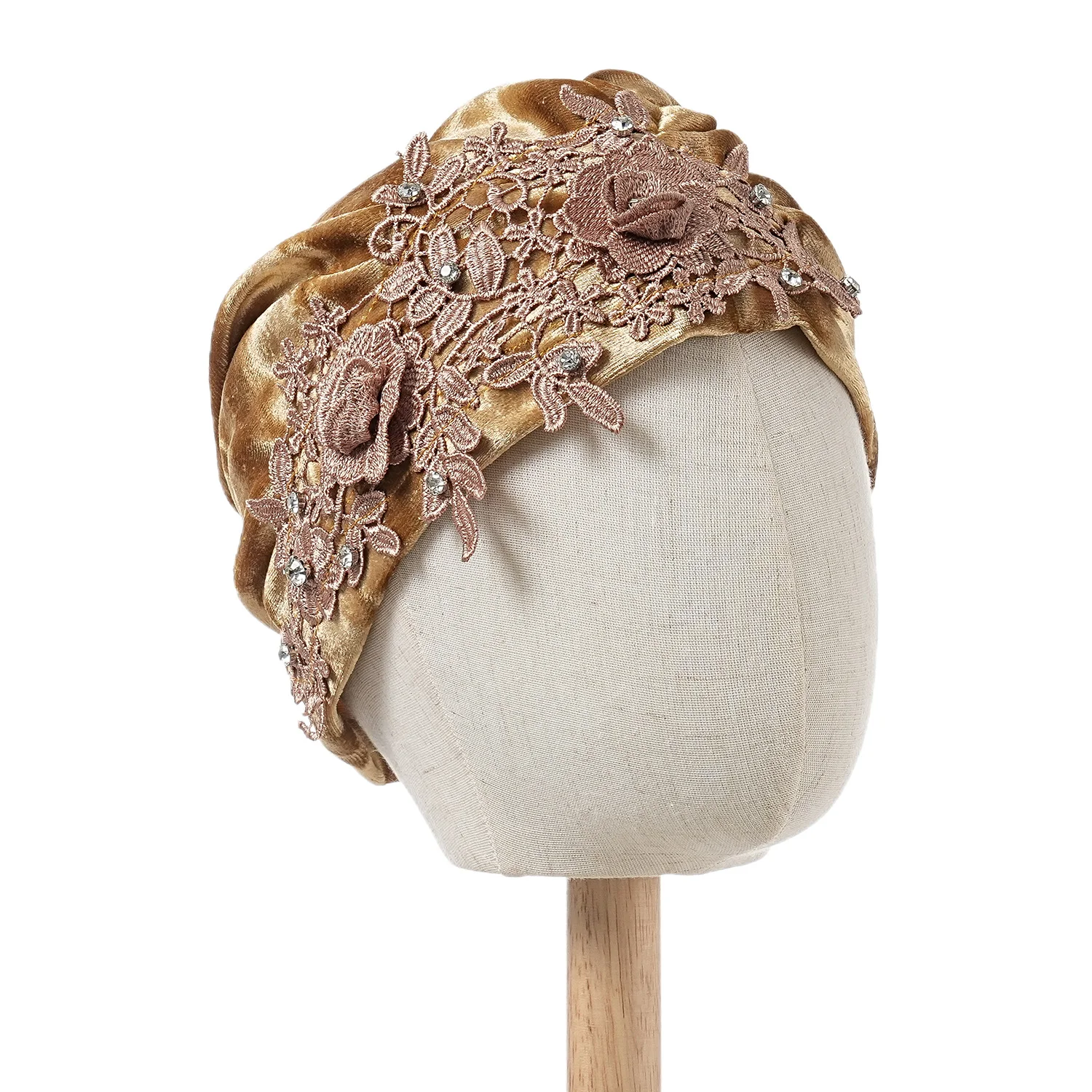 Blumenstickerei-Turban-Mütze für Damen, modische Kopfbedeckung, Samt-Moschehausschlag, Bonnet, Turbante Mujer – Detail 10