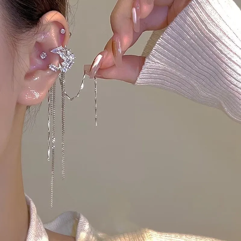 الكورية الأزياء حجر الراين نجمة القمر شرابة الأقراط الطويلة أزياء أنيقة الزركون قرط كبس دون ثقب الأذن عارضة المجوهرات هدية #1