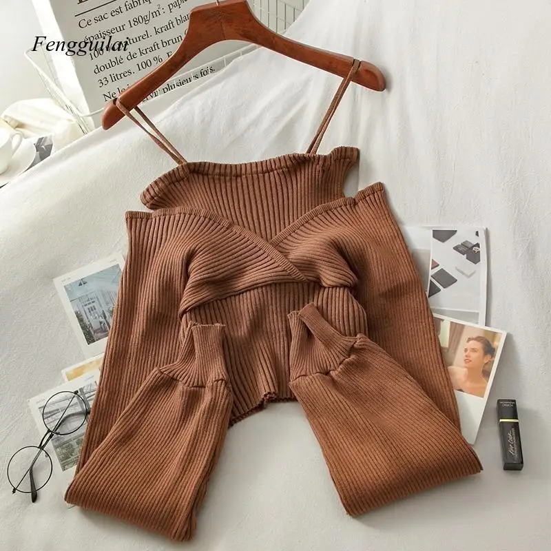 Fake Two Sweater Women 2021 Spring Autumn New V-Neck Full Sexy Knitted Sweaters Korean Short Chic Wild Fashion Pullovers