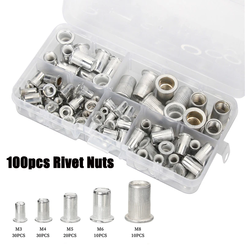 190/165/100pcs M3 M4 M5 M6 M8 M10 Aluminum Flat Head Rivet Nuts NutsInsert Cap Thread Insert Rivet Nut Tool Set