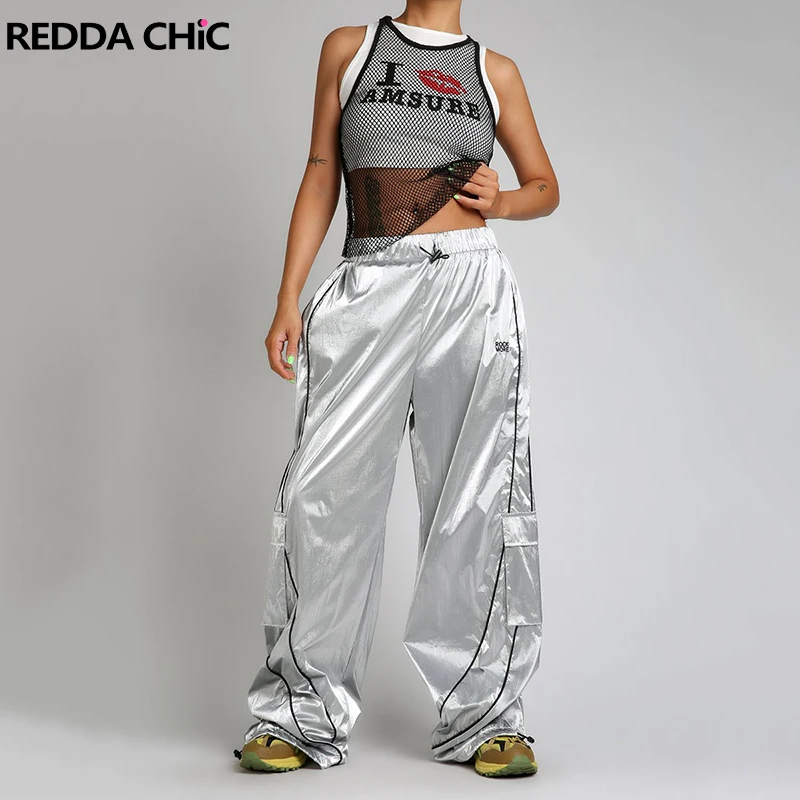 

ReddaChic Glossy Silver Wide Leg Casual Pants Women 90s Retro Elastic Waist Patchwork Pocket Parachute Sweatpants Y2k Streetwear