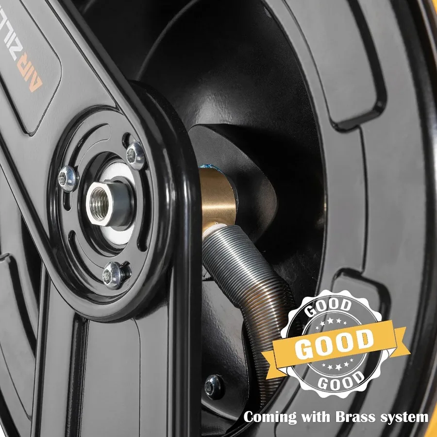 Heavy duty steel retractable air hose reel with dual arm featuring 3 8 inch x 50 feet hybrid polymer hose auto rewind function