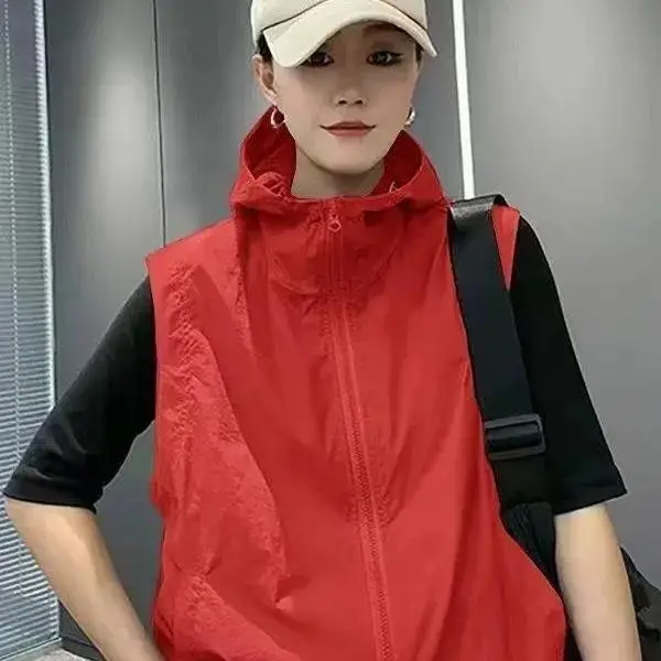 

Summer Thin Hooded Women's Vest Outdoor Wear Sun Protection Workwear Sports Windbreaker Jaet Tagkita Commute Sle Loose Fit