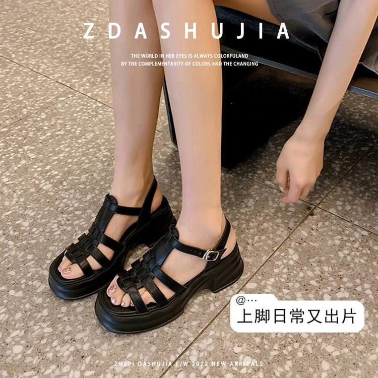 True Soft Leather Open Toed Roman Sandals for Women Outerwear 2023 Summer Platform Thick Sole Elevated Hollow Out Sandals