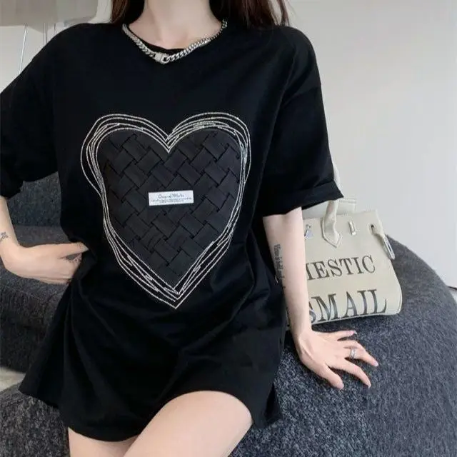 Pure Cotton Love Woven Summer Fashion Stitching Loose Short-Sleeved T-Shirt Women