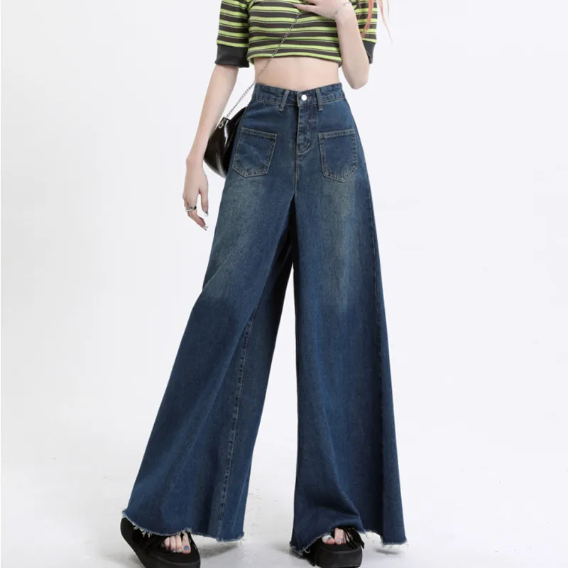 Light Blue Wide Leg Jeans for Women\'s 2024 Summer High Waisted Loose Fitting Hong Kong Style Fashion Design Straight Leg Pants