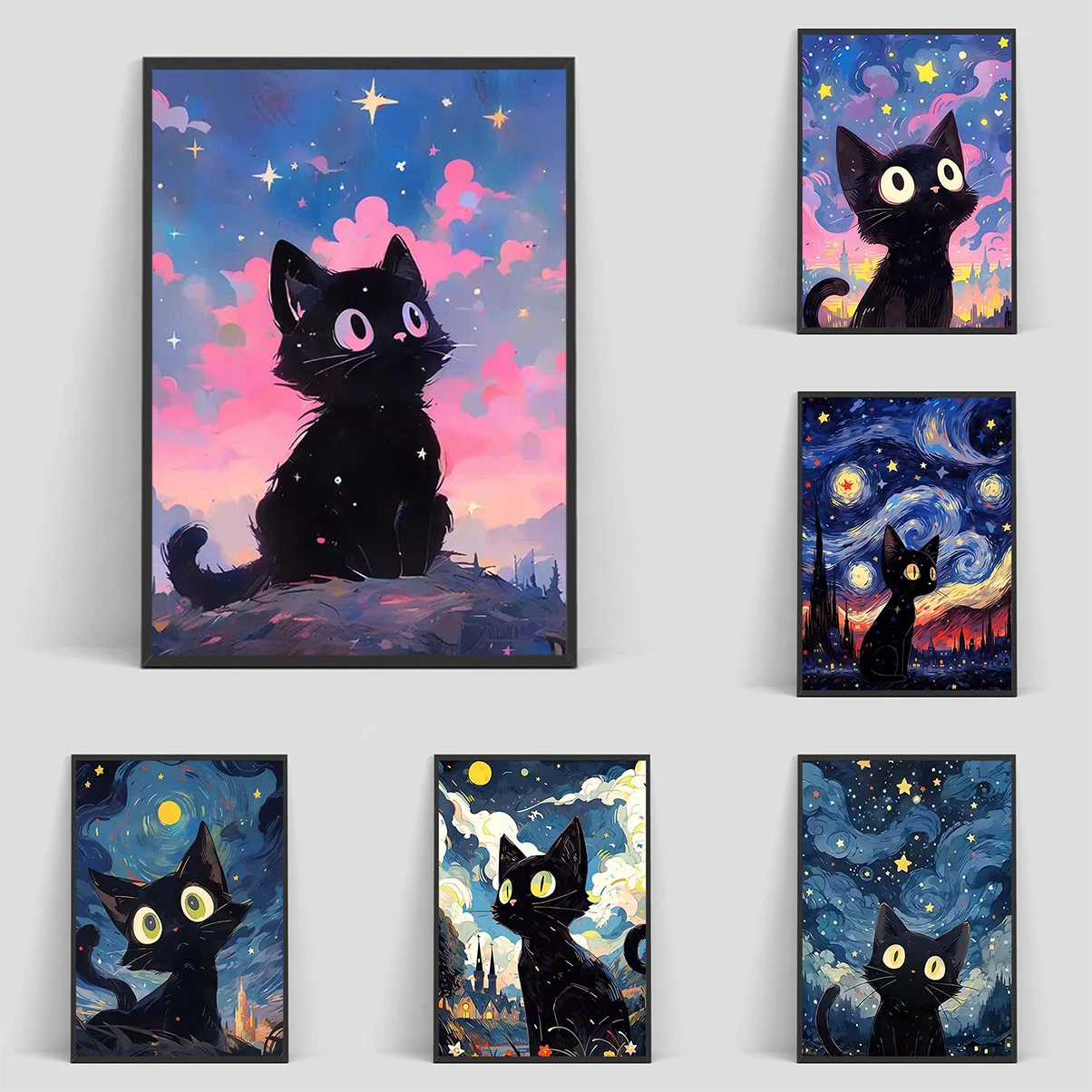 

Cat Night Sky Scenery Poster Home Living Room Decoration Bathroom Decor Decorative Wall Canvases Coffee House Bar Art Mural