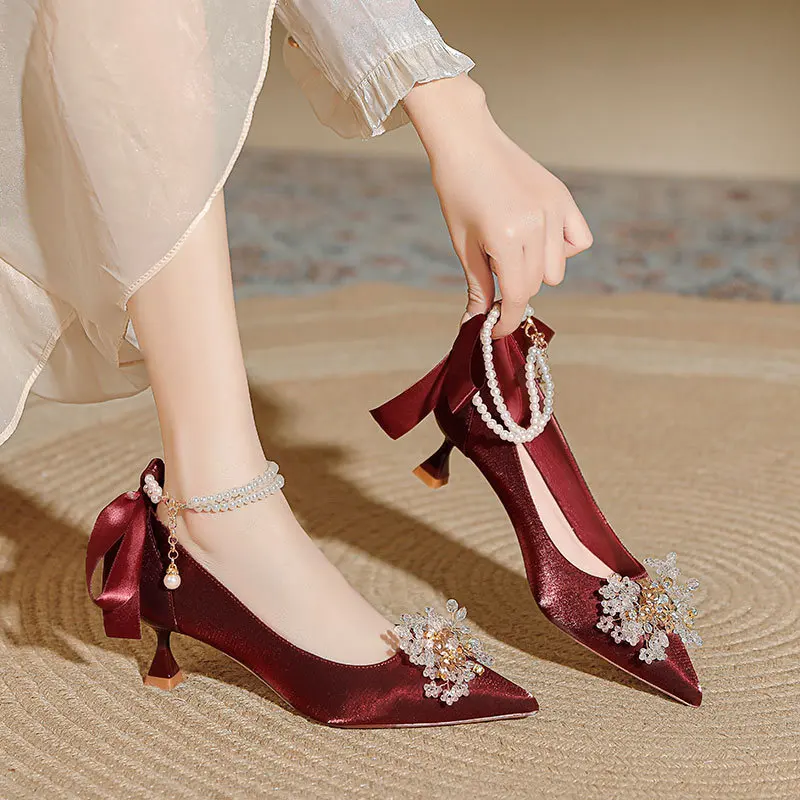 

Pointed Toe High Heels Women's Thin Heel Red Wedding Shoes 2025 New Pearl Small Heel Single Shoes White Maids of