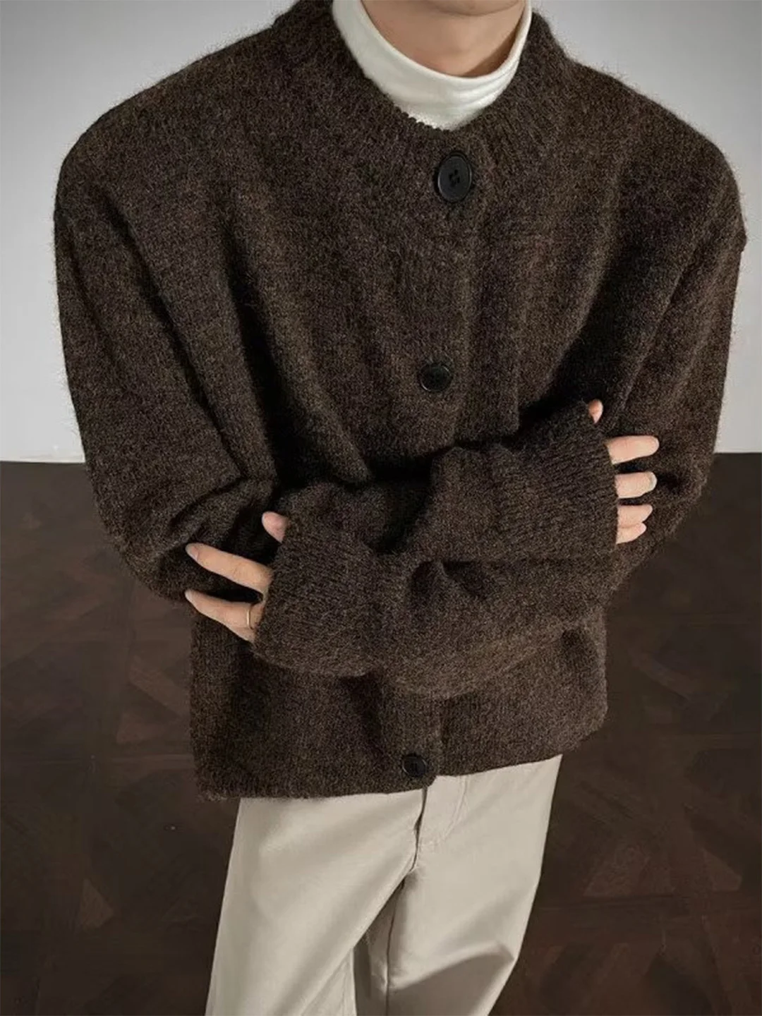 

New Wealth Brown Cardigan Sweater Men Lazy Faion Knitted Coat Trendy Loose Fit Winter Warm Youth Active Sle Ci Walk
