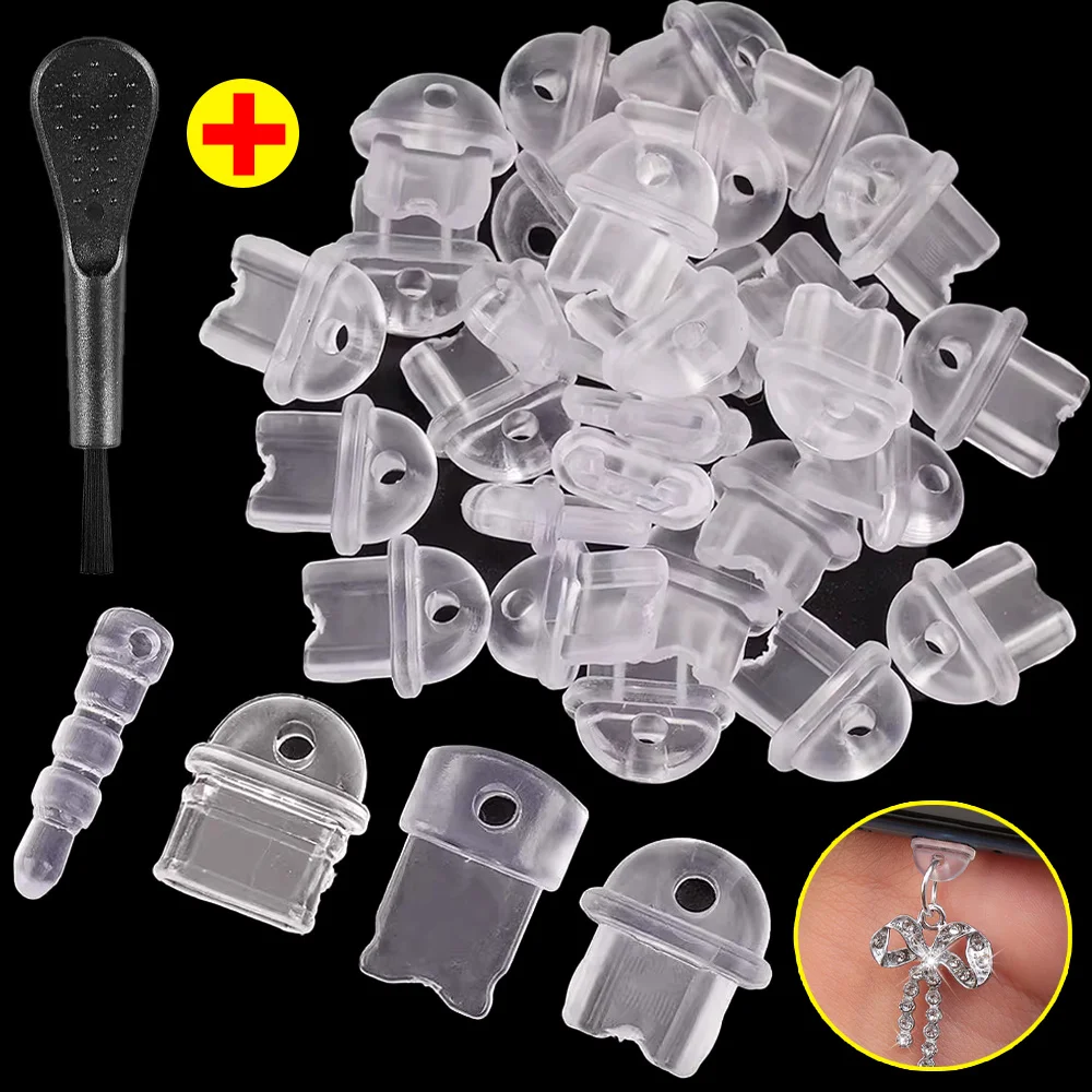 DIY Dustproof Dust Plugs with Brush-Transparent Phone Charging Port Protectors for Type C/iOS/Android/3.5mm Jack, Easy to Clean