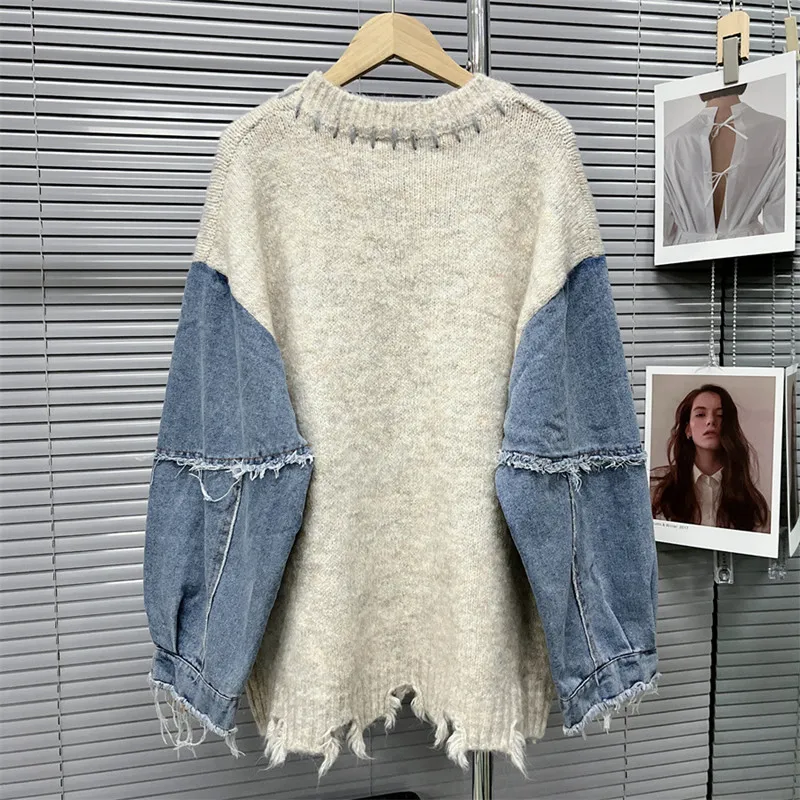 Denim Spliced Pullover Women Autumn Winter Knitted Sweater Heart-Shaped Embroidery Fashion O-Neck Sweaters Female Loose Tops