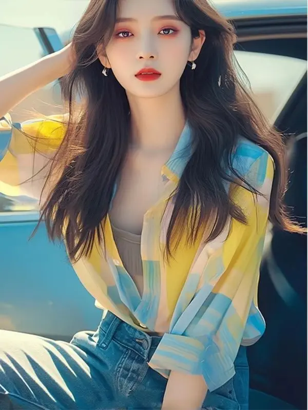 Il top unico ed elegante sembra una fantastica camicia gialla con protezione solare, nuovo stile estivo da donna