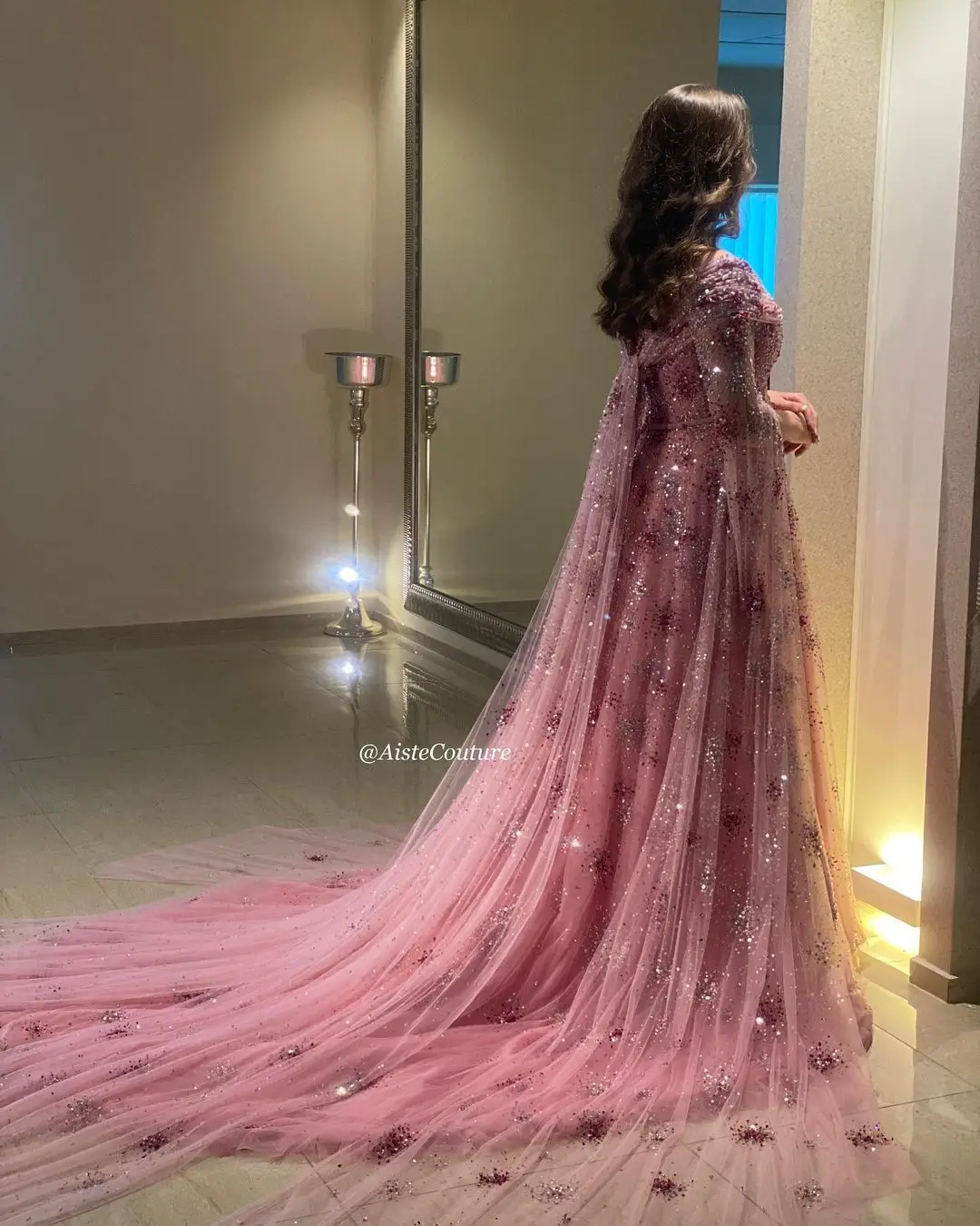 BABYONLINE Customized Glitter Sparkling Firework Inspired Dubai Arabic Evening Dress with Cape Tulle Party Dress فساتين السهرة