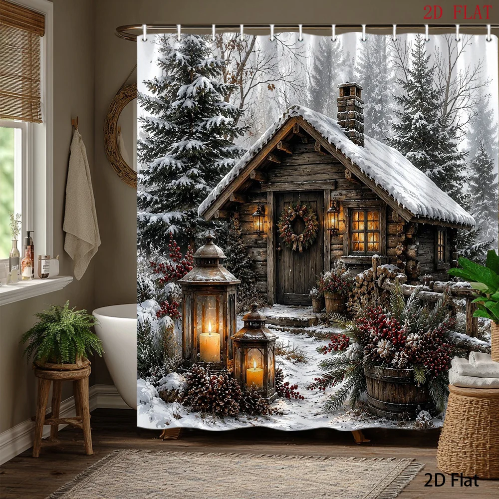 1pc Shower Curtain, Vintage Wooden House Winter Snow Scene, Pine Forest & Red Berries, Christmas Bathroom Decor