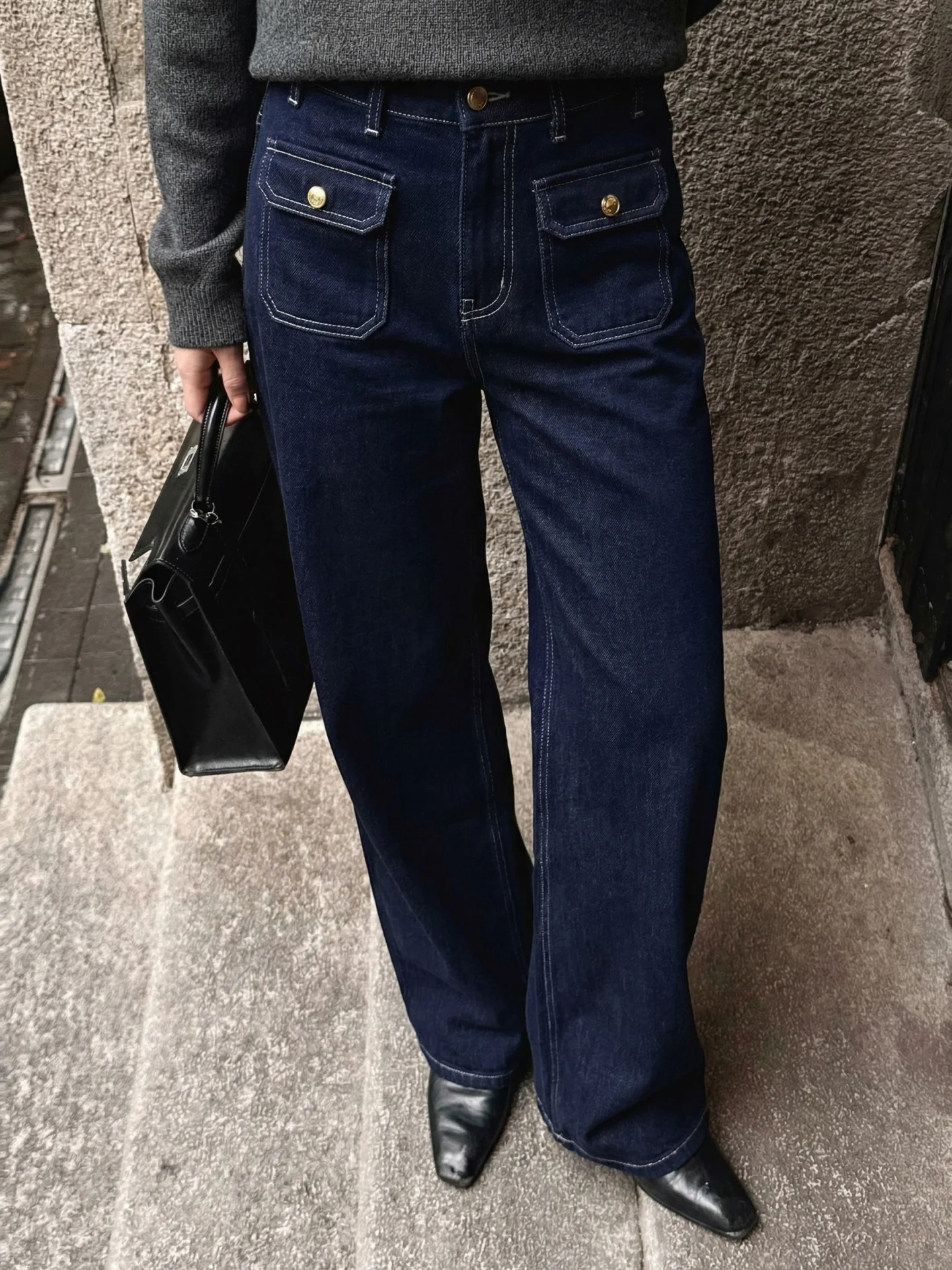 

Nana High Waist DMX Contrast Color Stitching Flared Jeans Women's Metal Button Retro Slimming Blue Casual Pants