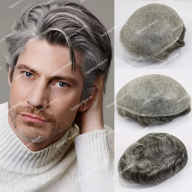 

Super Durable full pu 0.05mm Thinness Skin Male Wig Grey Black 1B40 1B50 1B65 Human Hair Replacement Systems Pieces for men wig