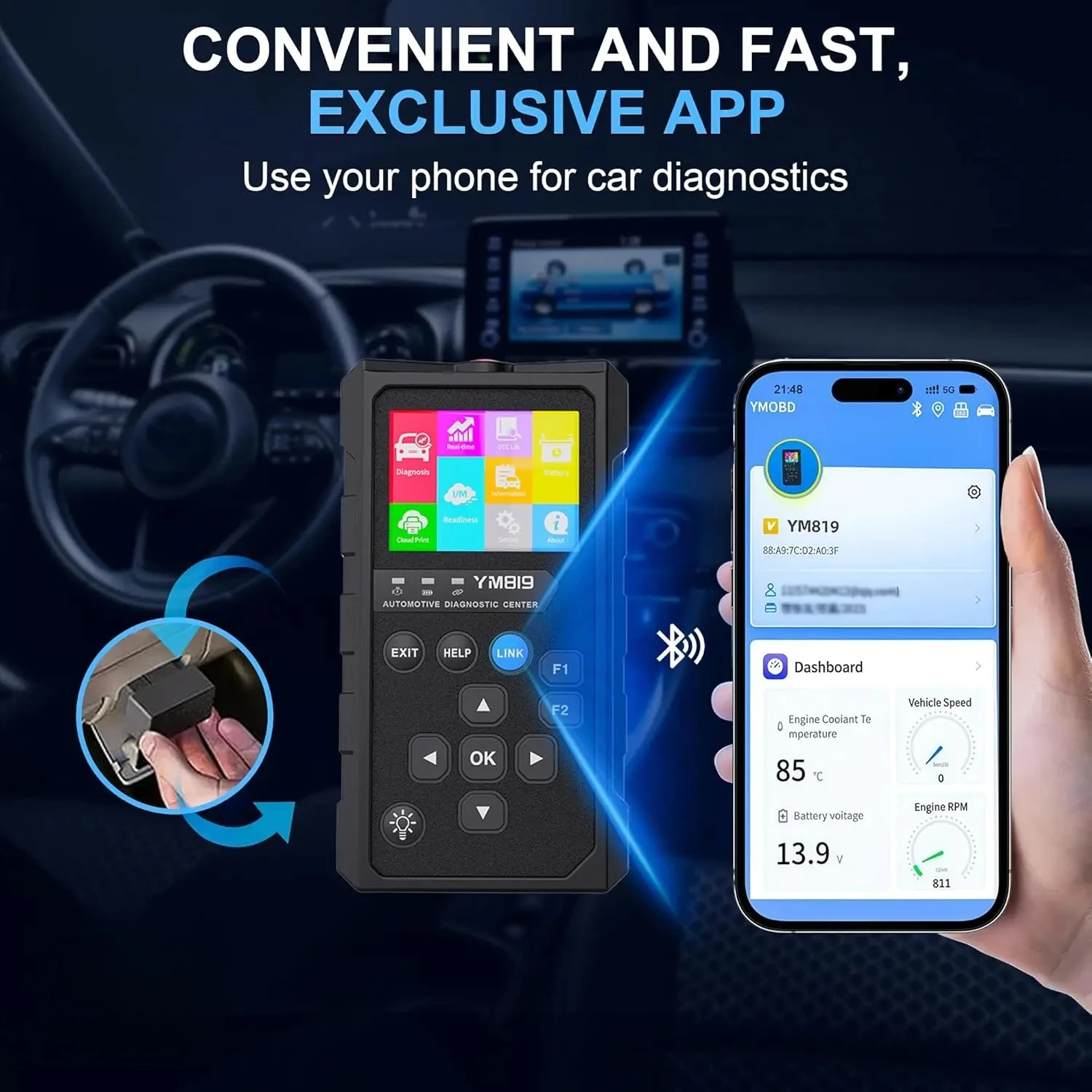YM819 Vehicle OBD Scanner Wireless Car Diagnostic Tool With 96000+ DTC Library Battery Test Full OBD Smog Check