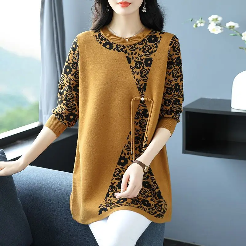 

Платья-свитера средней длины, новинка 2025, большой размер, осень-зима, пуловер с круглым вырезом, свитер для мамы, корейское свободное вязаное платье, Vestidos