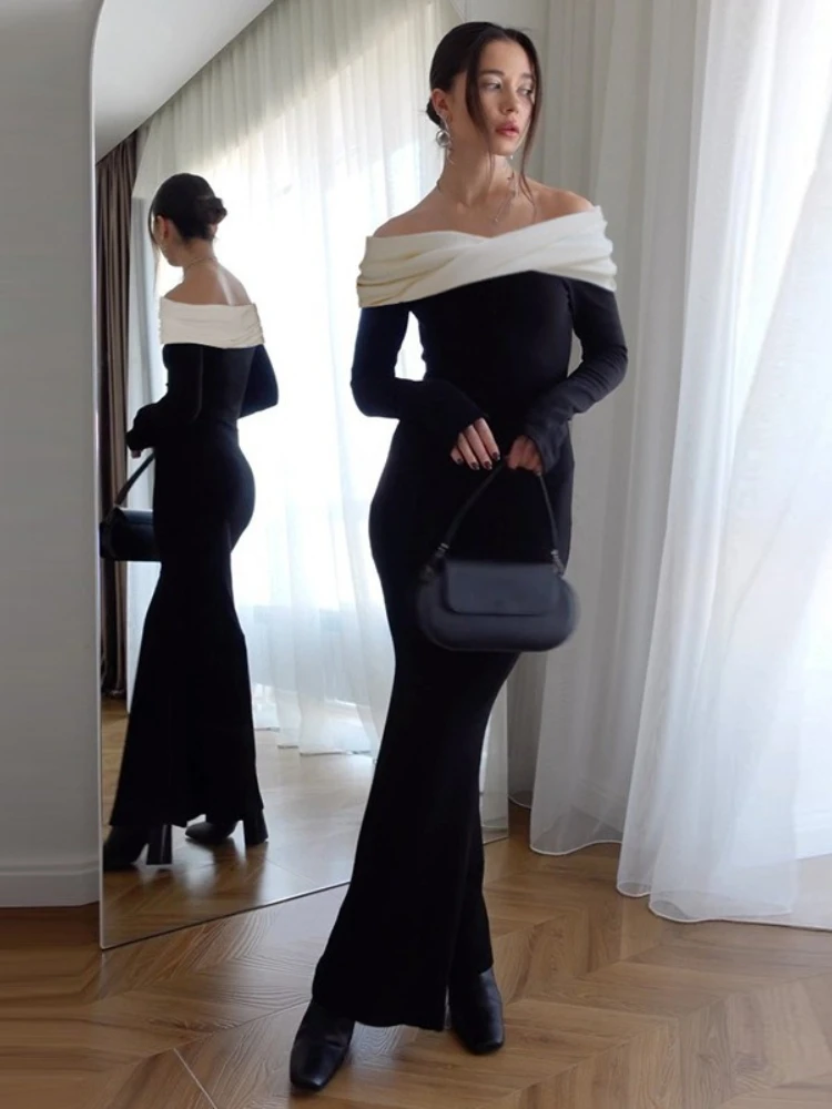 

Сексуальное стильное осеннее платье с цветными блоками с открытыми плечами, облегающее элегантное облегающее длинное платье, сексуальное вечернее платье без бретелек на одно плечо