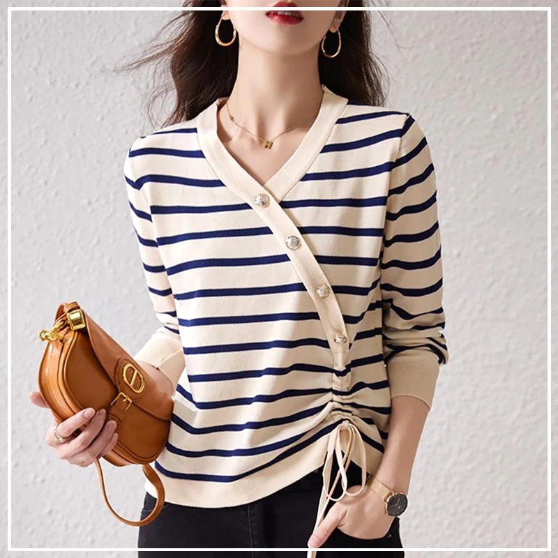 

Sense of Design Temperament Drawstring Stripe Button Loose Black White V Neck Commute Ladies' Base Shirt Autumn Winter 2024