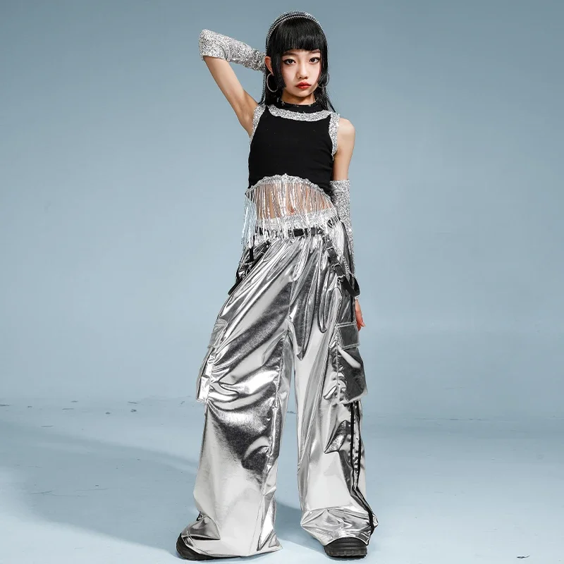 Hip Hop Mädchen Pailletten Quasten Silber Shorts Street Dance Hosen Kinder K-pop Streetwear Kinder Jazz Crop Top Kleidung Set kostüm