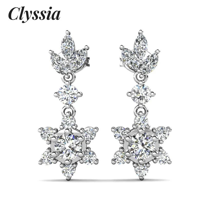 

CLYSSIA 925 Sterling Silver Luxury Moissanite Snowflake Ear Drops Women Elegant Gift Hypoallergenic Jewelry Brilliant with GRA