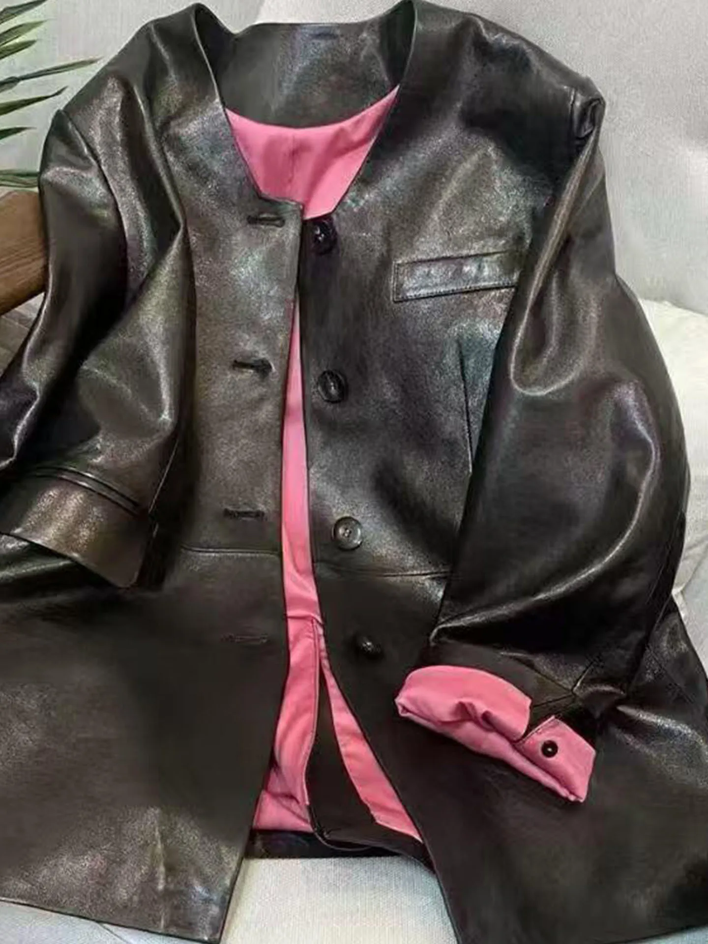 Veste en cuir Ele Bla pour femme, coupe ajustée, à bouton unique, collection Printemps 2026, style mode pour le quotidien, édition élégante