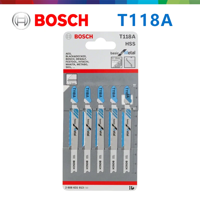 Original Bosch T118A 2608631013 HSS T‑Shank Jigsaw Blades 92mm 5Pcs for 1‑3mm Thin Sheet Metal Cutting