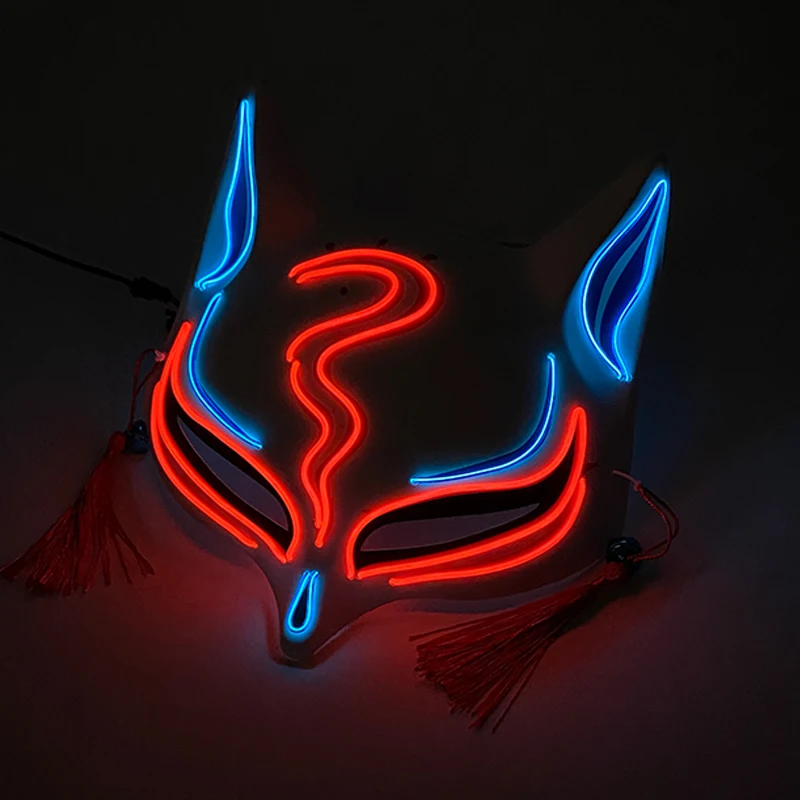Hand-Painted LED Kitsune Fox Mask Anime Half Face Neon Glowing Mask with Tassel Bell Halloween Carnival Cosplay Masquerade Party